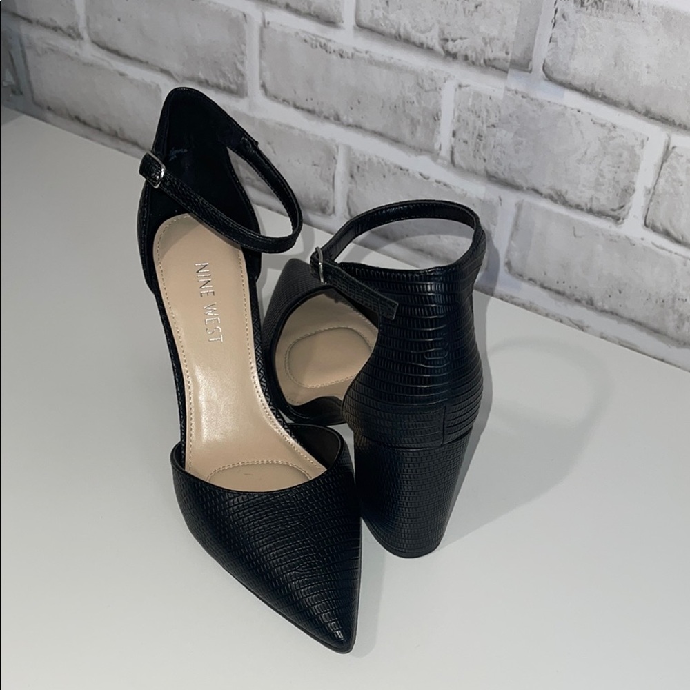 Nine West Black Textured Pointed-Toe Ankle-Strap Heels